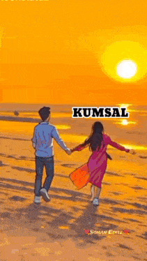 a man and a woman are holding hands while walking on the beach at sunset .
