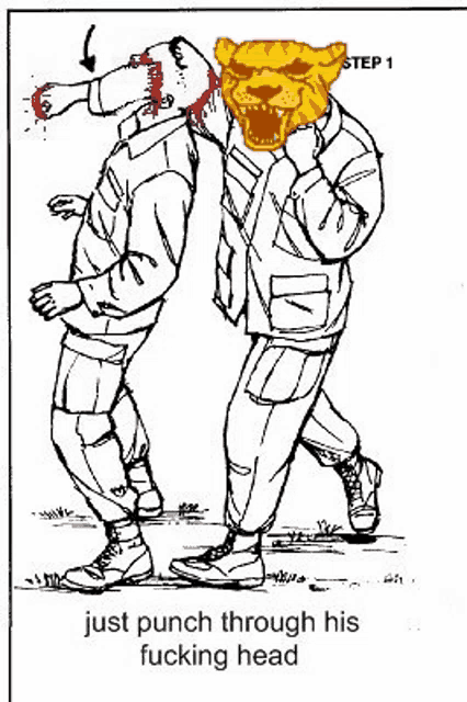 a black and white drawing of two men fighting with a tiger mask on .