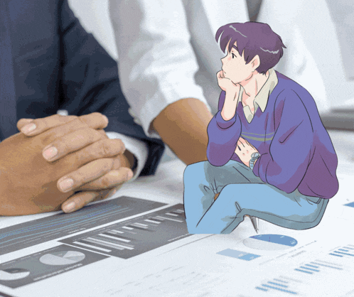 a man in a purple sweater is sitting on a table with his hands folded