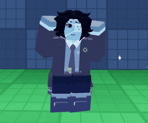 a cartoon character in a suit and tie is standing on a tiled floor