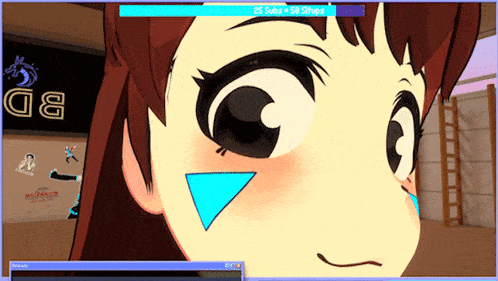 a computer screen shows a girl with a blue triangle on her face and a sign that says g8