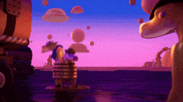 a cartoon scene with a purple sky and a bunch of floating objects