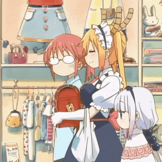 a girl in a maid outfit is holding a red school bag