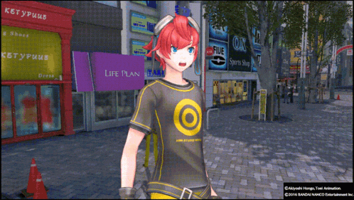 a girl in a life plan shirt stands in front of a store