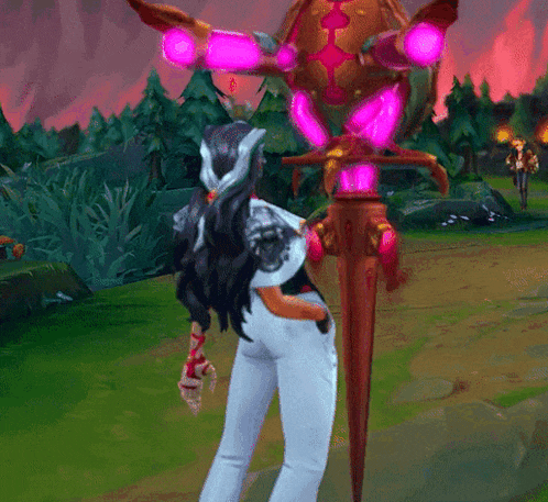 a woman in a video game is standing in front of a large purple object