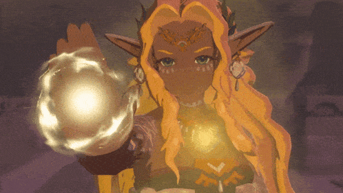 a cartoon character with long blonde hair is holding a glowing object in her hand