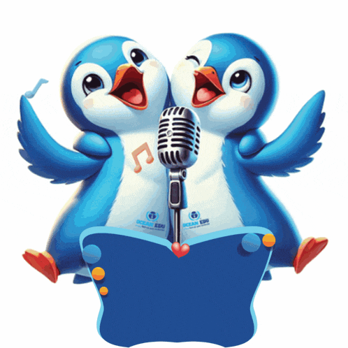 two blue penguins singing into a microphone with the word ocean on the bottom