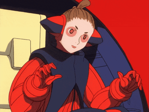 a cartoon drawing of a woman with red eyes