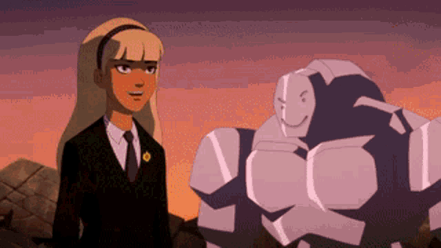 a girl in a black suit and tie stands next to a robot