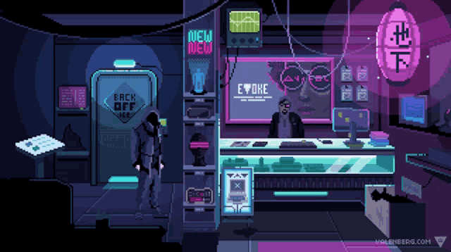 a pixel art illustration of a man standing in front of a sign that says back off