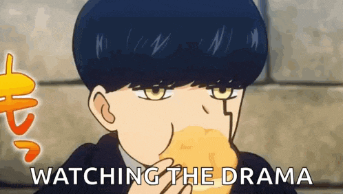 a cartoon of a boy eating a hamburger with the words `` watching the drama '' written next to him .