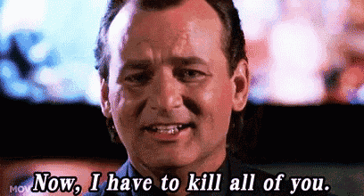a man is smiling and saying `` now , i have to kill all of you '' .