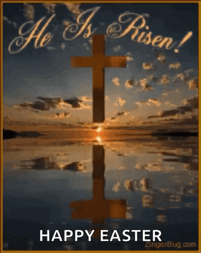 a picture of a cross with the words he is risen happy easter on it