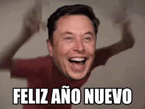 elon musk is laughing with the words feliz ano nuevo behind him