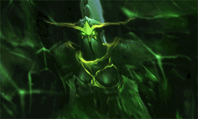 a painting of a green monster with horns and a glowing face