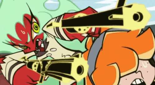 a cartoon character is holding a gun and another character is holding another gun