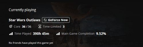 a screen showing currently playing star wars outlaws game
