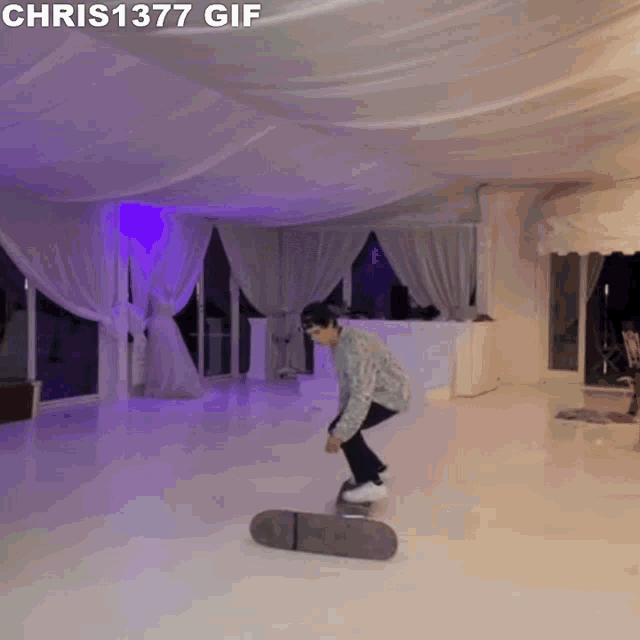 a person is riding a skateboard in a room with the words chris1377 gif written above them