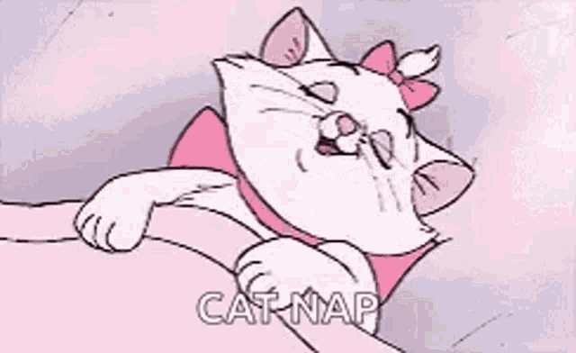 a cartoon cat with a pink bow on its head is laying on a pink pillow .