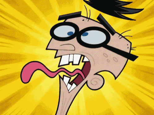 a cartoon character with glasses and a tongue sticking out