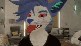 a 3d rendering of a furry character with red eyes sticking out its tongue