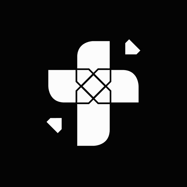 a white cross on a black background with a square in the middle