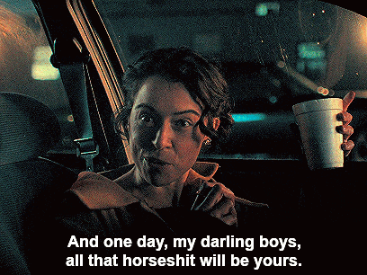 a woman is sitting in a car with a cup of coffee and the words and one day my darling boys all that horseshit will be