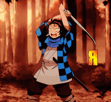 a cartoon of a man holding a sword with the letter a in the background