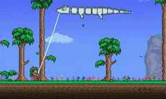 a video game scene with trees and a skeleton hanging from a tree