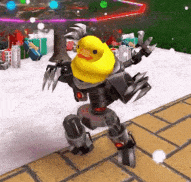 a robot with a yellow rubber duck on its head is dancing in the snow .