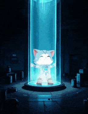 a cartoon cat is in a glass cylinder with a sign that says ' emergency exit ' on it