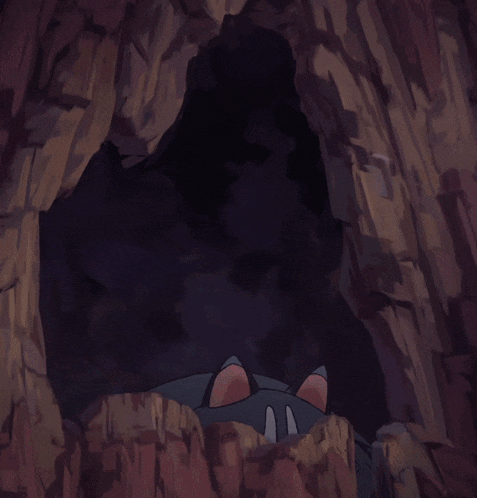 a cartoon drawing of a raccoon in a cave with its paws outstretched