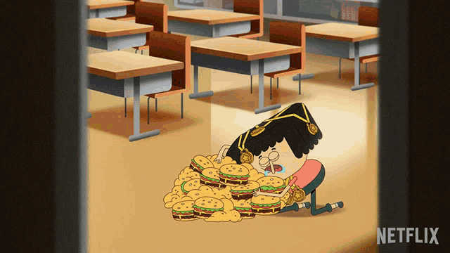 a cartoon of a person eating a bunch of hamburgers with a netflix logo in the background