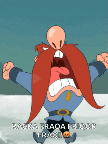a cartoon character with a beard is screaming with the words racka fraqa friqor fraq
