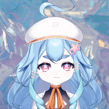 a girl with long blue hair wearing a white hat with a x on it