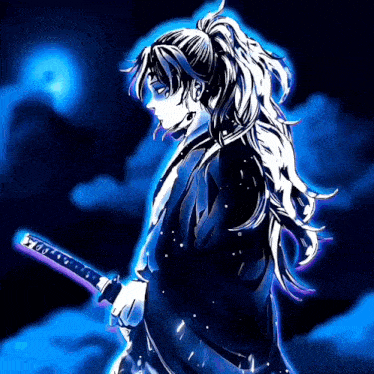 a drawing of a person holding a sword with a purple background