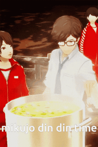 a man in a white shirt and tie is standing next to a pot of soup with the words " mikujo din din time " written below