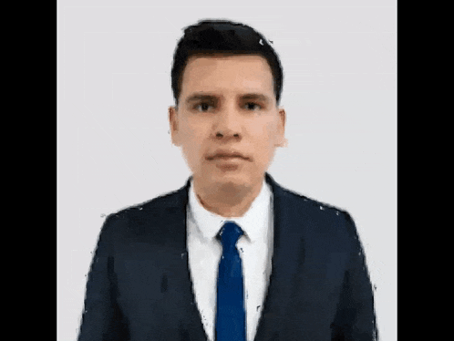 a man wearing a suit and tie is standing in front of a white background .