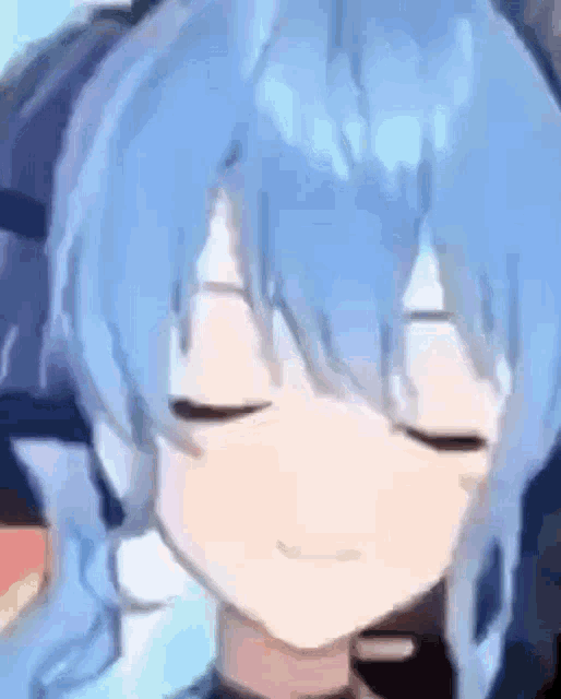 a close up of a cartoon character with blue hair and closed eyes .