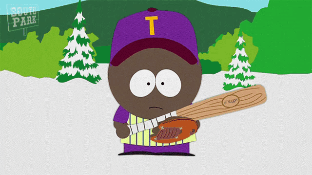 a cartoon character from south park holds a baseball bat