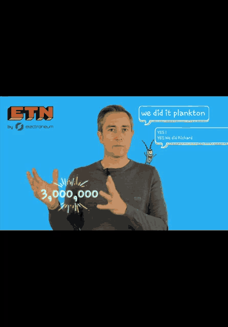 a man stands in front of a blue background with a speech bubble that says we did it plankton