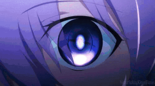 a close up of a person 's eye with a blue pupil and a purple background .