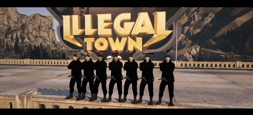 a group of soldiers standing in front of a sign that says illegal town