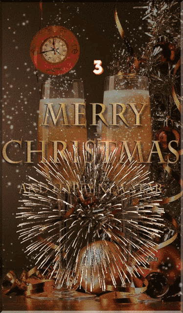 a merry christmas greeting card with a clock in the background