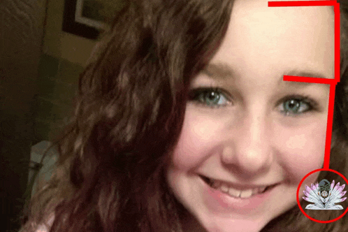 a close up of a girl 's face with a red arrow pointing to the left