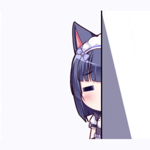 a little girl with cat ears and a maid outfit is peeking out from behind a wall