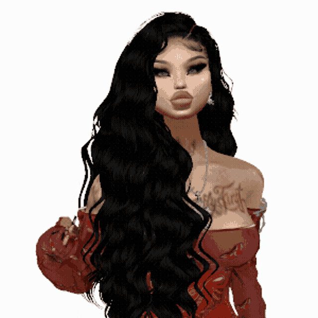 a woman with long black hair has a tattoo on her shoulder that says " first "