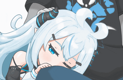 a drawing of a girl with white hair and horns laying on someone 's lap