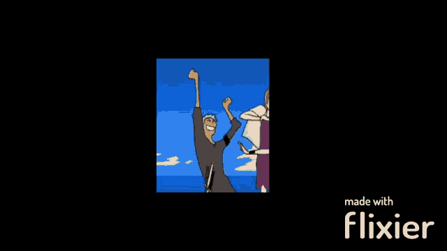 a cartoon of a man with his arms in the air is made with flixier software