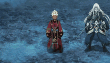 a man in a red robe is holding a sword in front of another man in a black robe